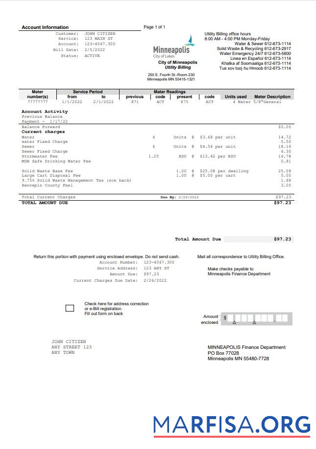 Printable USA Minnesota Minneapolis City of Lakes utility bill template in Word and PDF format